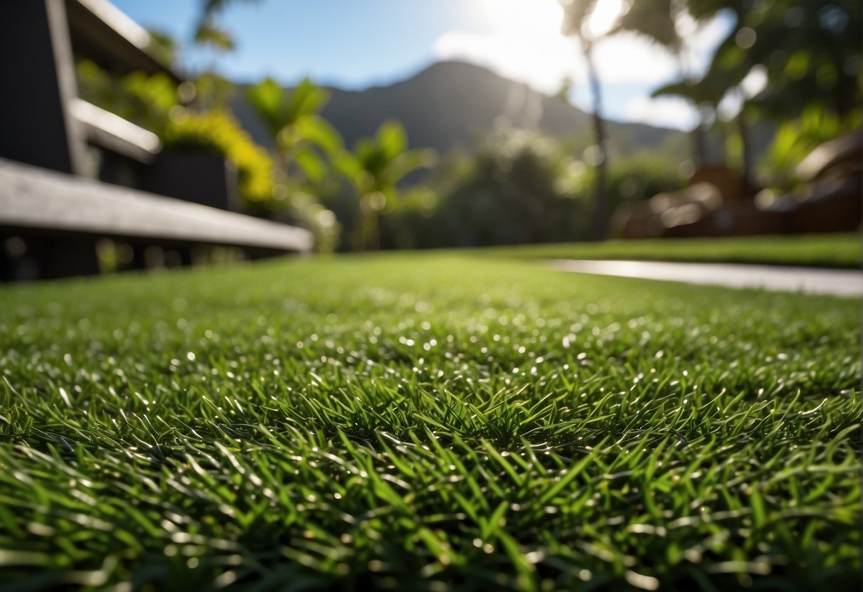 A lush green artificial turf in Kuranda QLD 4881, with a backdrop of tropical foliage. Showcasing the benefits and price insights of synthetic grass