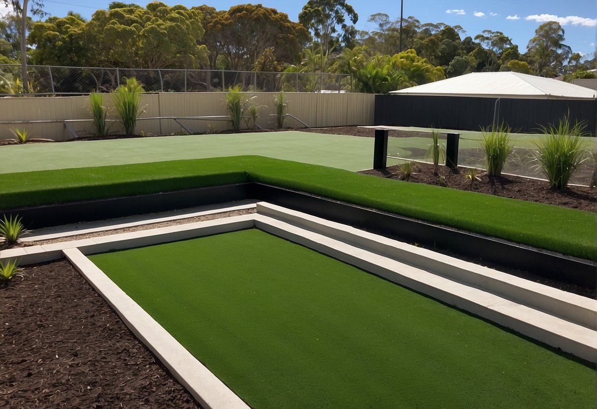 A landscape with artificial turf being installed in Mareeba QLD 4880, with cost analysis data displayed nearby