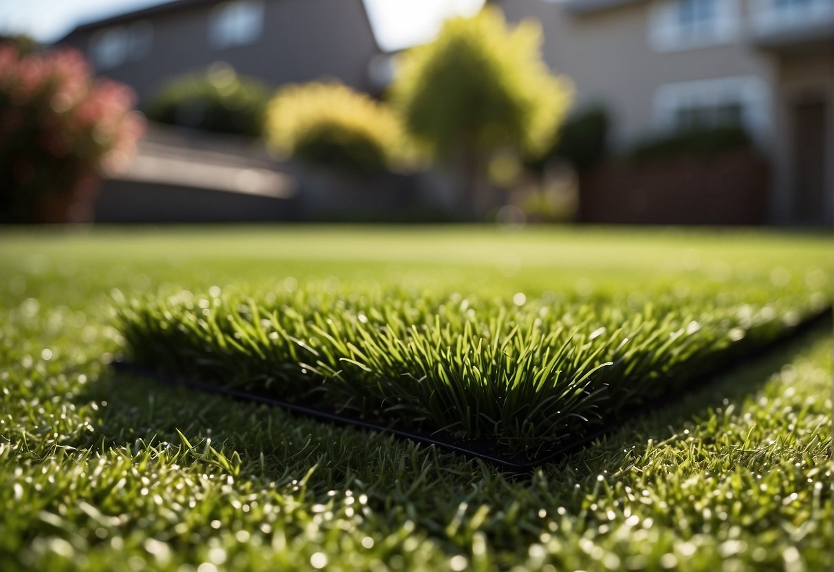A suburban backyard with a section of artificial turf, surrounded by natural grass. A comparison of the benefits and drawbacks of artificial turf is being considered