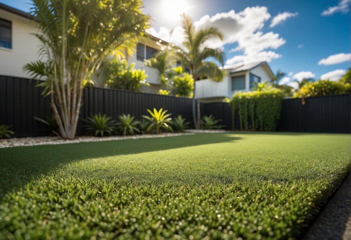 A suburban backyard in Redlynch, QLD, with artificial turf installed. Cost and maintenance considerations are highlighted