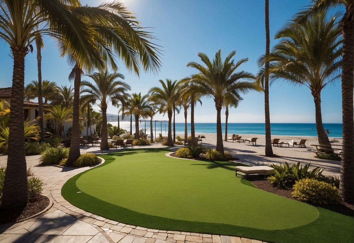 A sunny beach with artificial turf, surrounded by palm trees and clear blue waters. The cost and considerations of the turf are being assessed