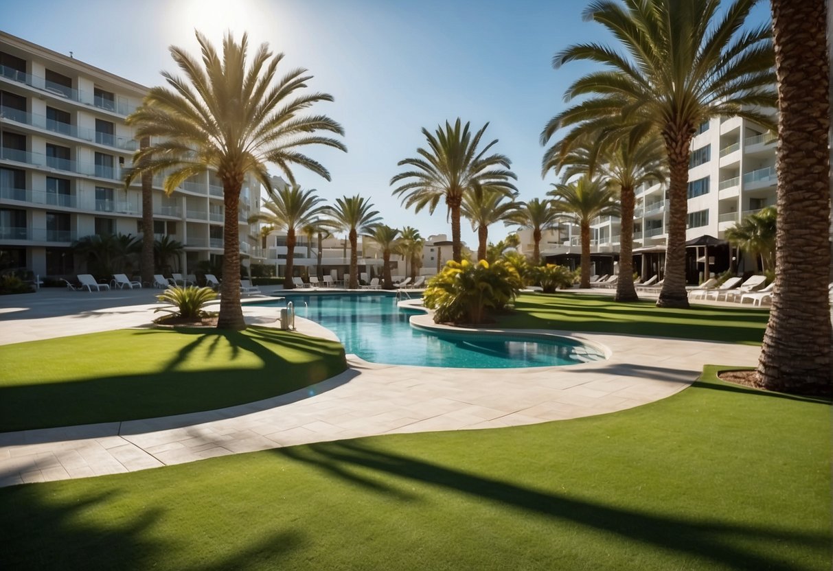 A sunny beach with artificial turf, surrounded by palm trees and clear blue water. The cost and considerations of using artificial turf are being assessed in clifton beach