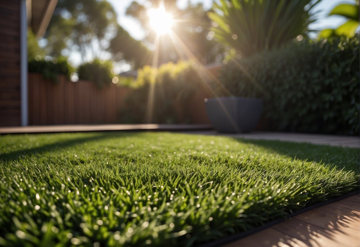 A lush green artificial turf lawn in a residential backyard in Mount Sheridan, Forest Gardens, QLD. The sun shines down on the low-maintenance, cost-effective landscaping choice