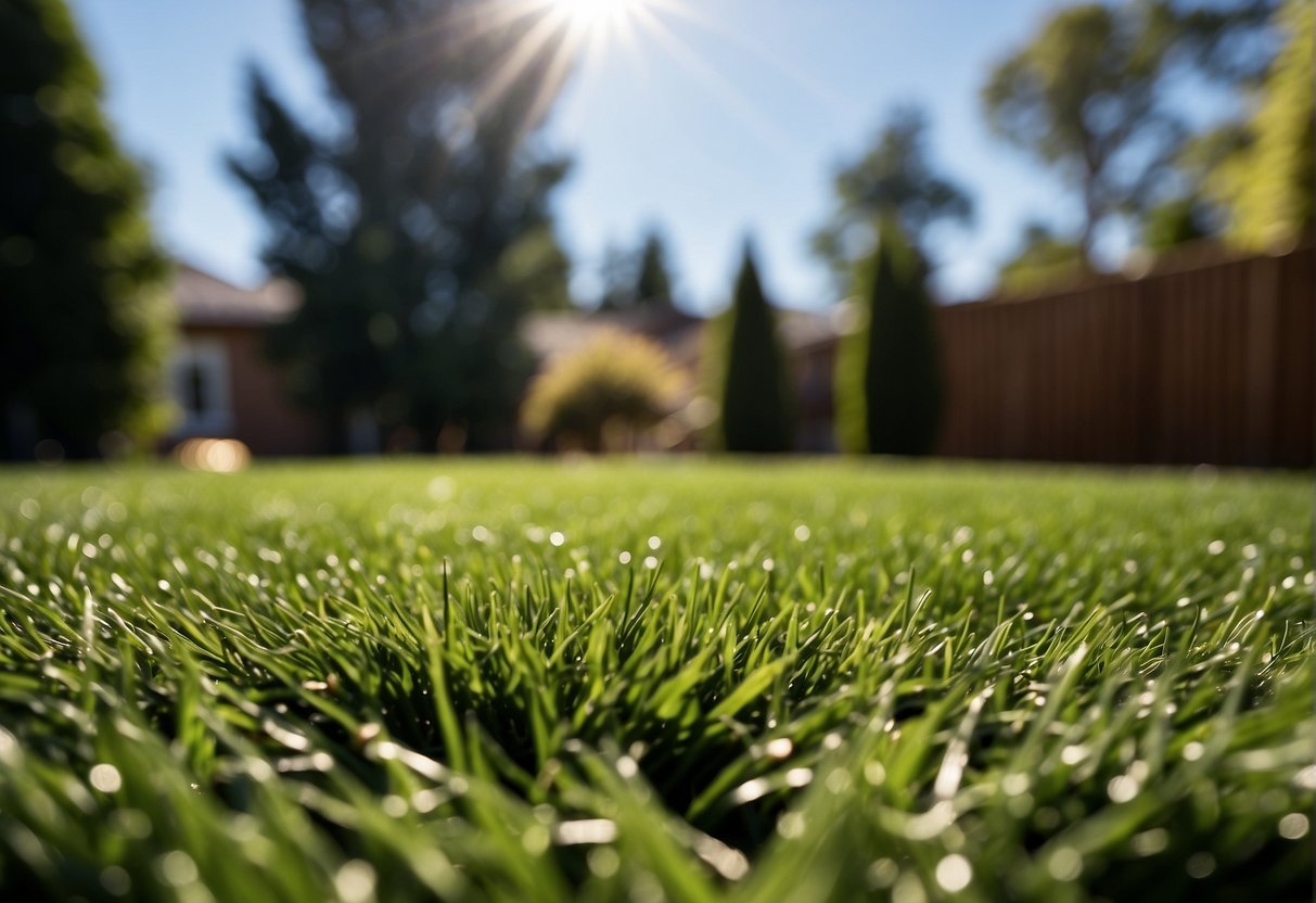 A lush green artificial turf lawn in a suburban backyard, with a backdrop of trees and a clear blue sky