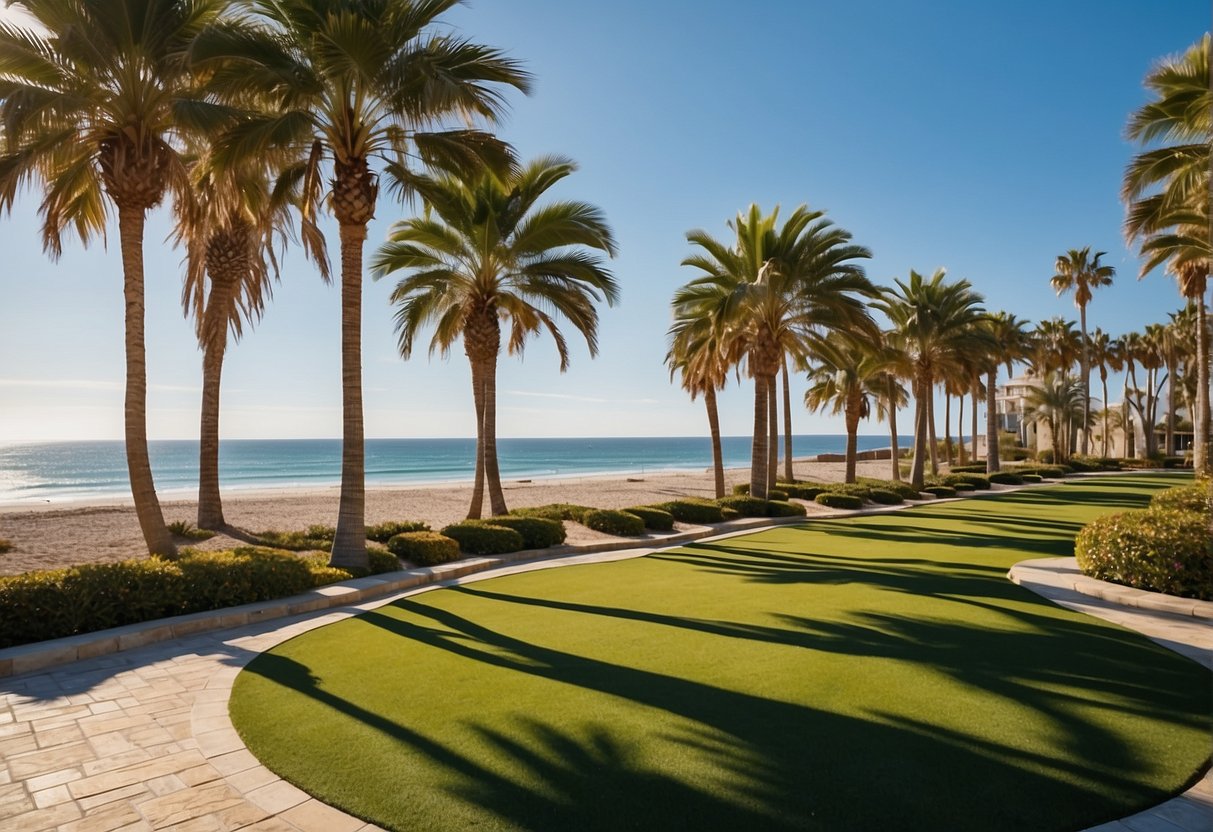 A sunny beachfront with artificial turf installation. Clear blue skies, palm trees, and a calm ocean in the background