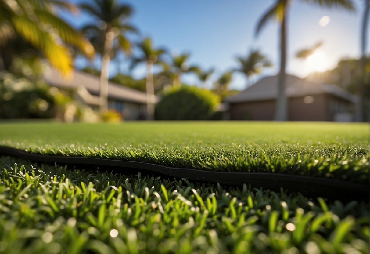 A vibrant artificial turf lawn stretches across a backyard in Holloways Beach, QLD. The cost and considerations of artificial turf are highlighted in the scene